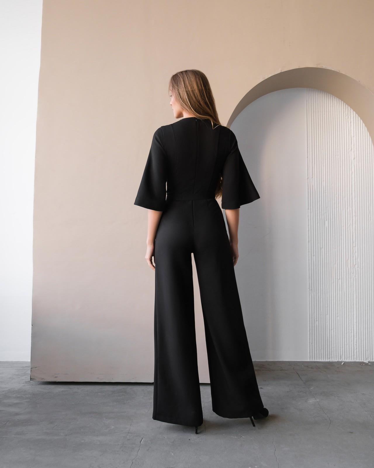 Tuta Elegante Donna Per Cerimonia - Manica Lunga, Scollo A V Con Inserti A Rete, Nero Lucido, Taglie Forti Invernale