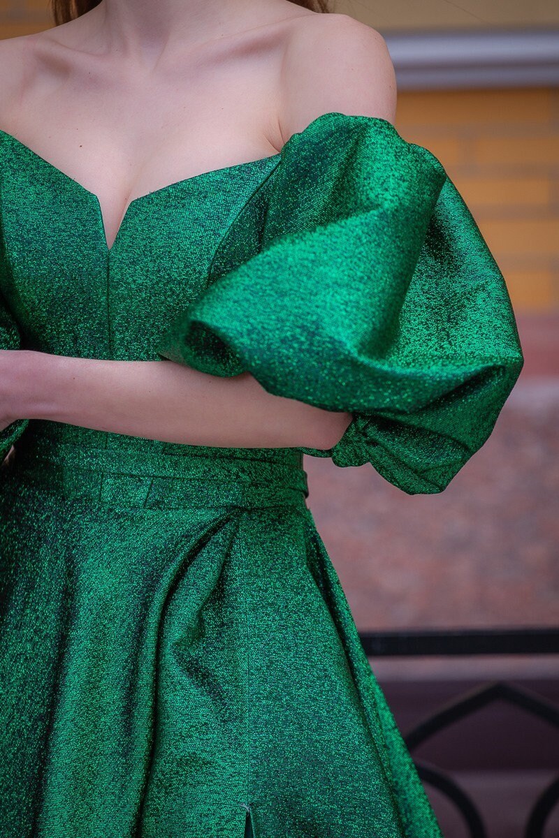 green emerald velvet dress Alice+Olivia Kylan Puff Sleeve Mini Dress in Emerald main image 1