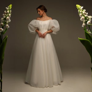Maxi wedding puff sleeve white dress with slit / White A-line Off the Shoulder Maxi Wedding Dress with High Slit and Puff Sleeves
