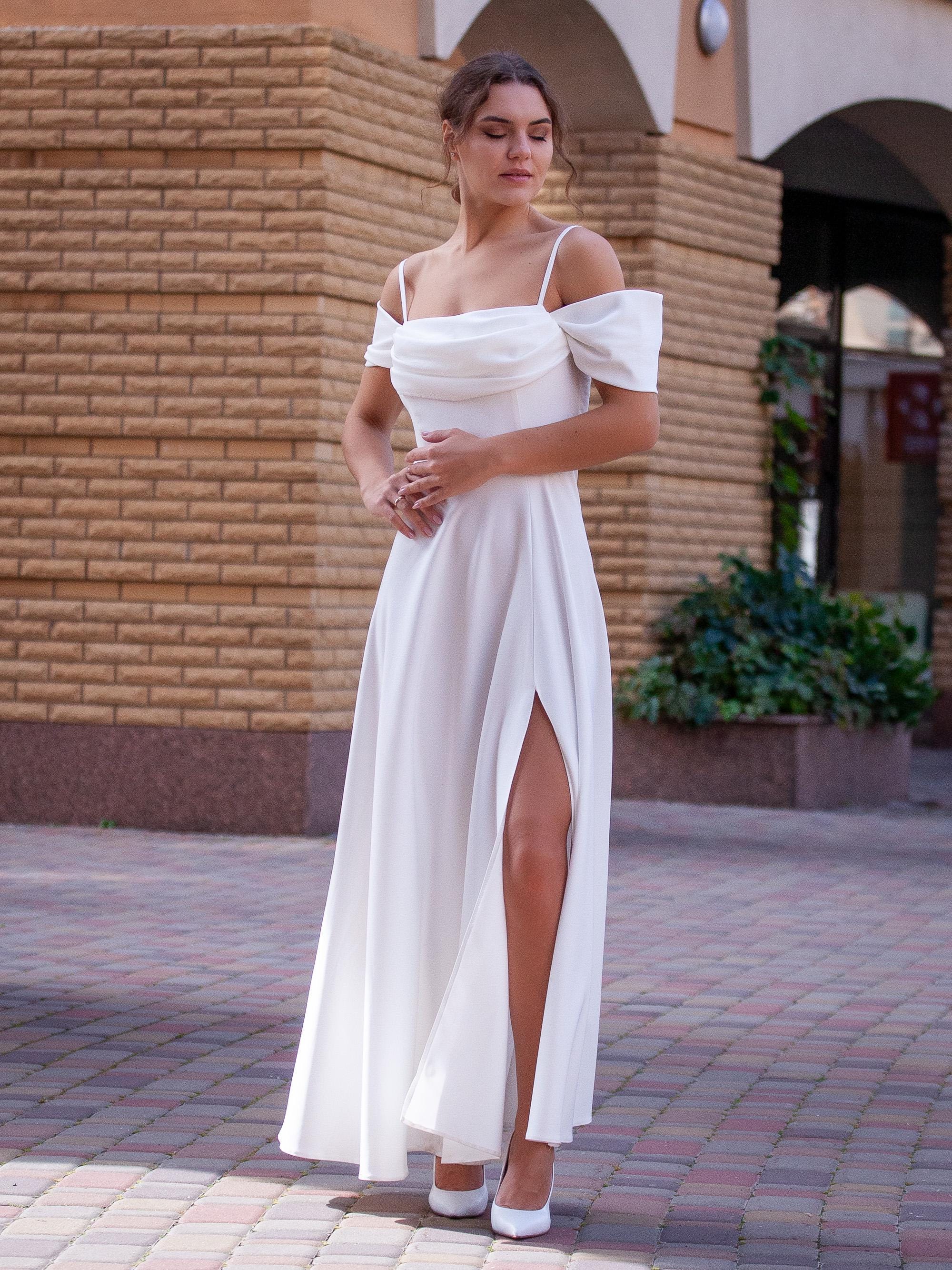 Long White Formal Dress With Off-shoulder Draped Neckline, Thin Straps and Slit - Etsy Long White Formal Dress With Off-shoulder Draped Neckline, Thin Straps and Slit - Etsy
