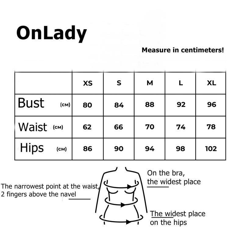 May include: Size chart for clothing in centimeters. The chart shows measurements for bust, waist, and hips in sizes XS, S, M, L, and XL. A diagram shows how to measure each body part.