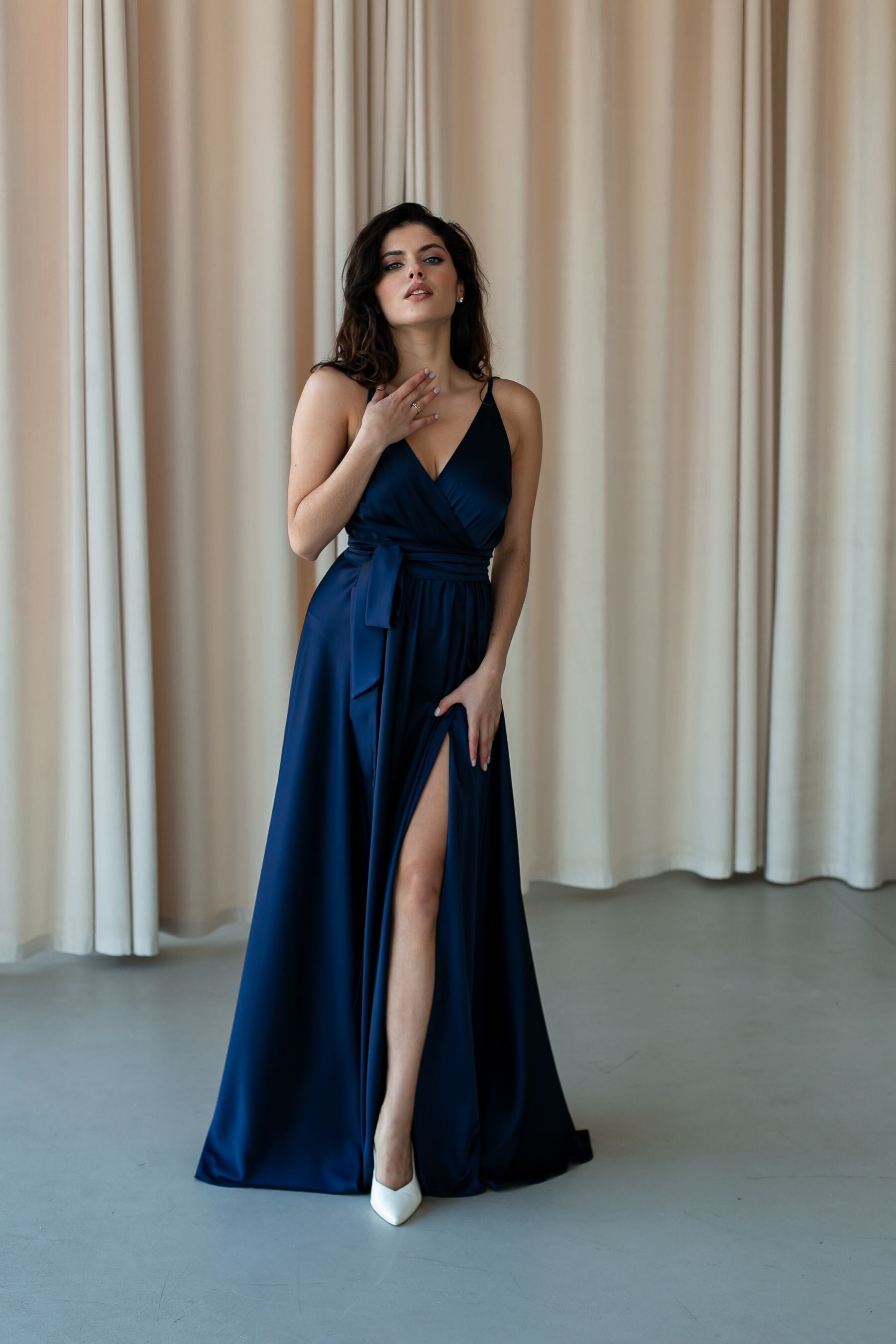 navy satin bridesmaid dress Navy Blue Mermaid V Neck Satin Long Bridesmaid Dress Evening Dress with Bow  SH3272 main image 0