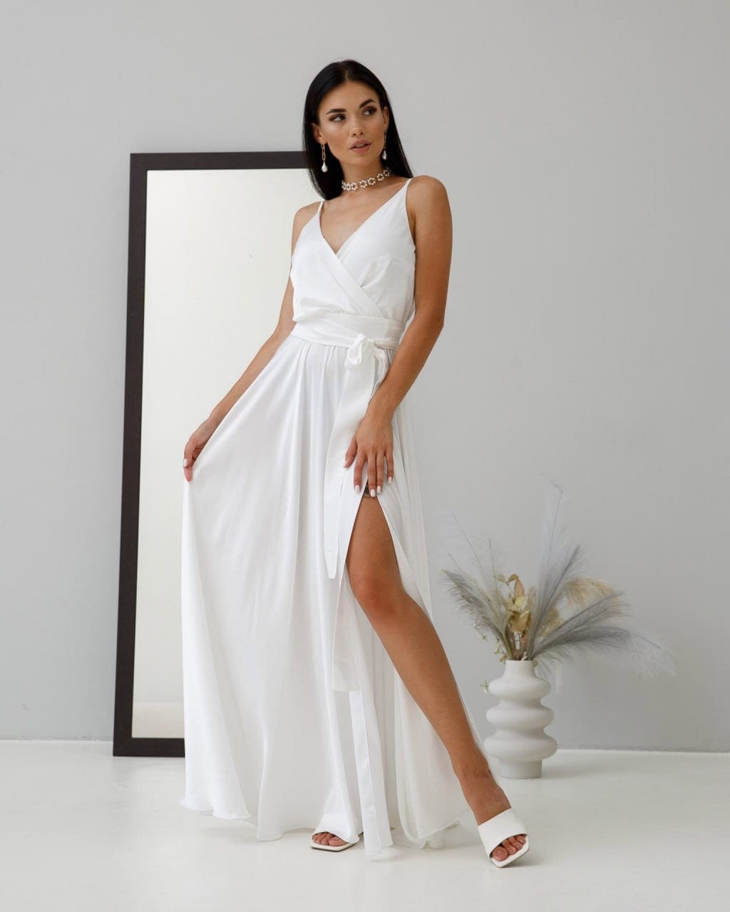 White Silk Maxi Dress: Spaghetti Strap V-Neck A-Line