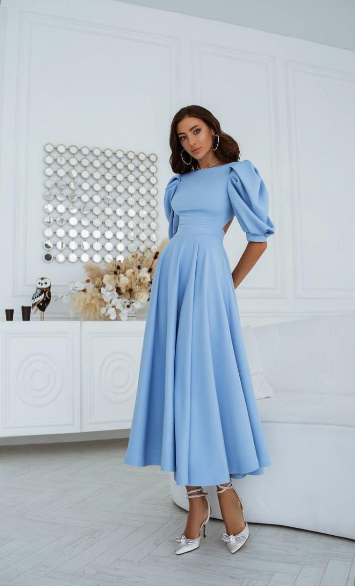 puff sleeve fit and flare midi dress Puffed-sleeve flare midi dress GOEN.J