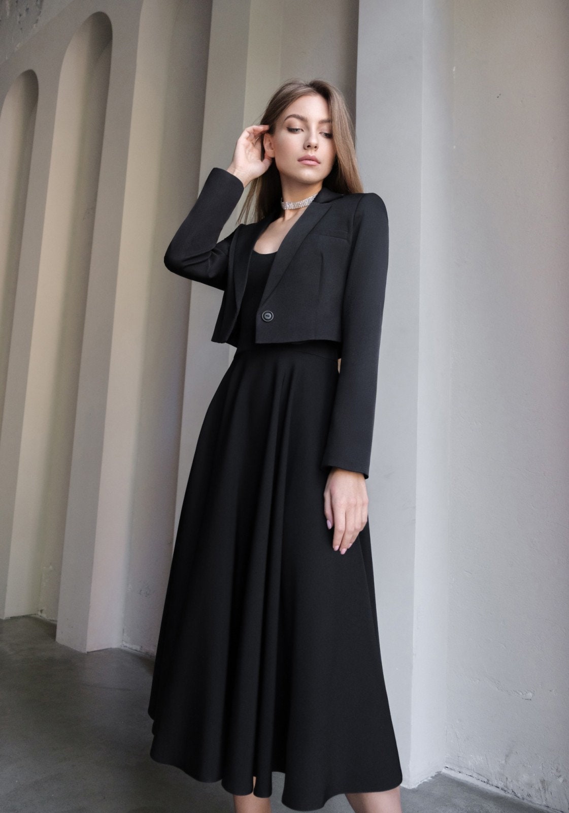 Black Midi Cocktail Dress: Sleeveless Fit & Flare A-Line