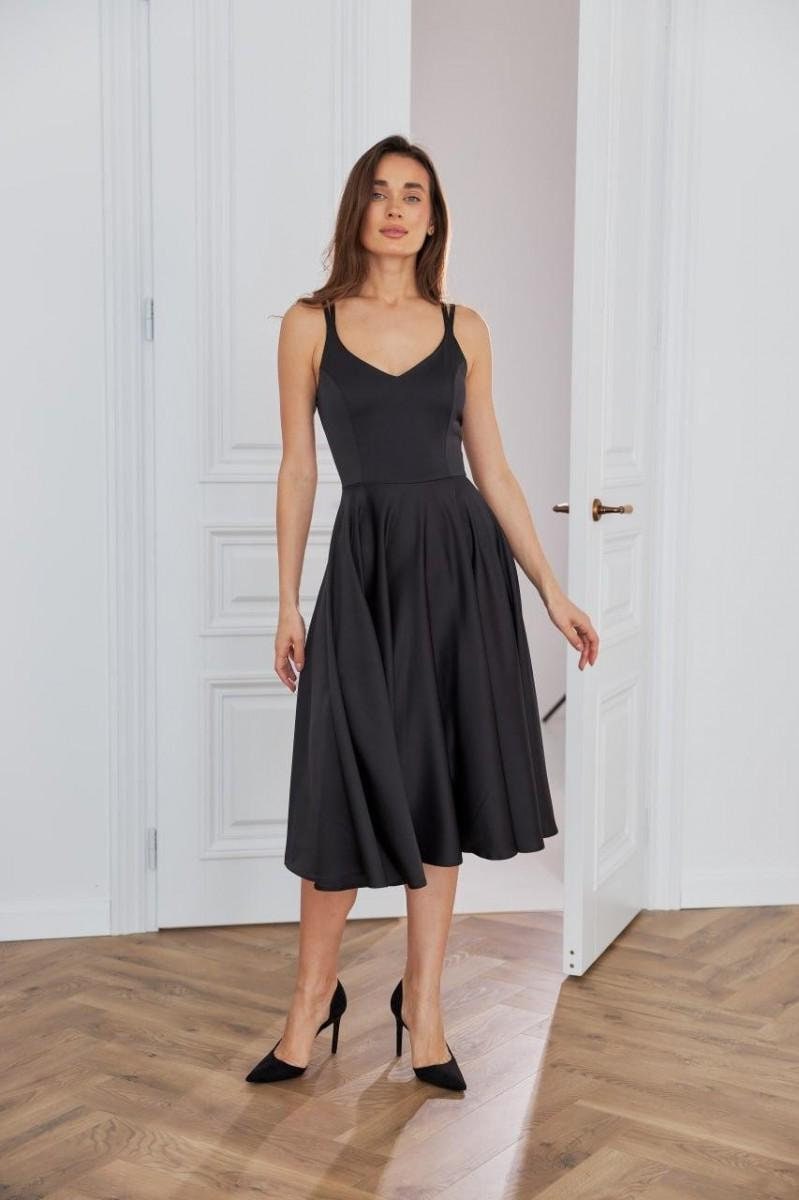 Black Satin Midi Dress: A-Line V-Neck Cocktail Party Gown Black Satin Midi Dress: A-Line V-Neck Cocktail Party Gown