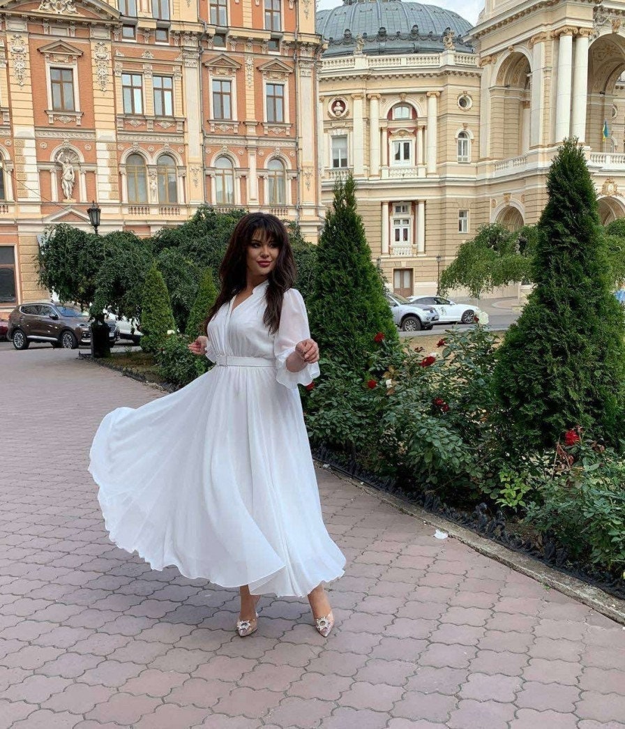 Plus Size White A line Midi Cocktail Dress With Sheer Lantern Sleeves V neck Elegant White Cocktail Dress or White Engagement Party Dress Etsy UK