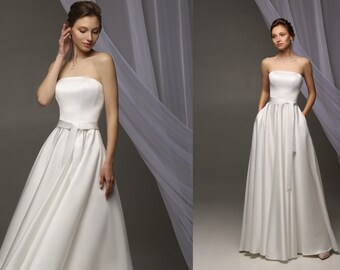 White Satin Maxi Dress: Strapless, Off the Shoulder with Lace-Up Back for Proms and Engagements / White Satin Maxi Formal Dress A-line