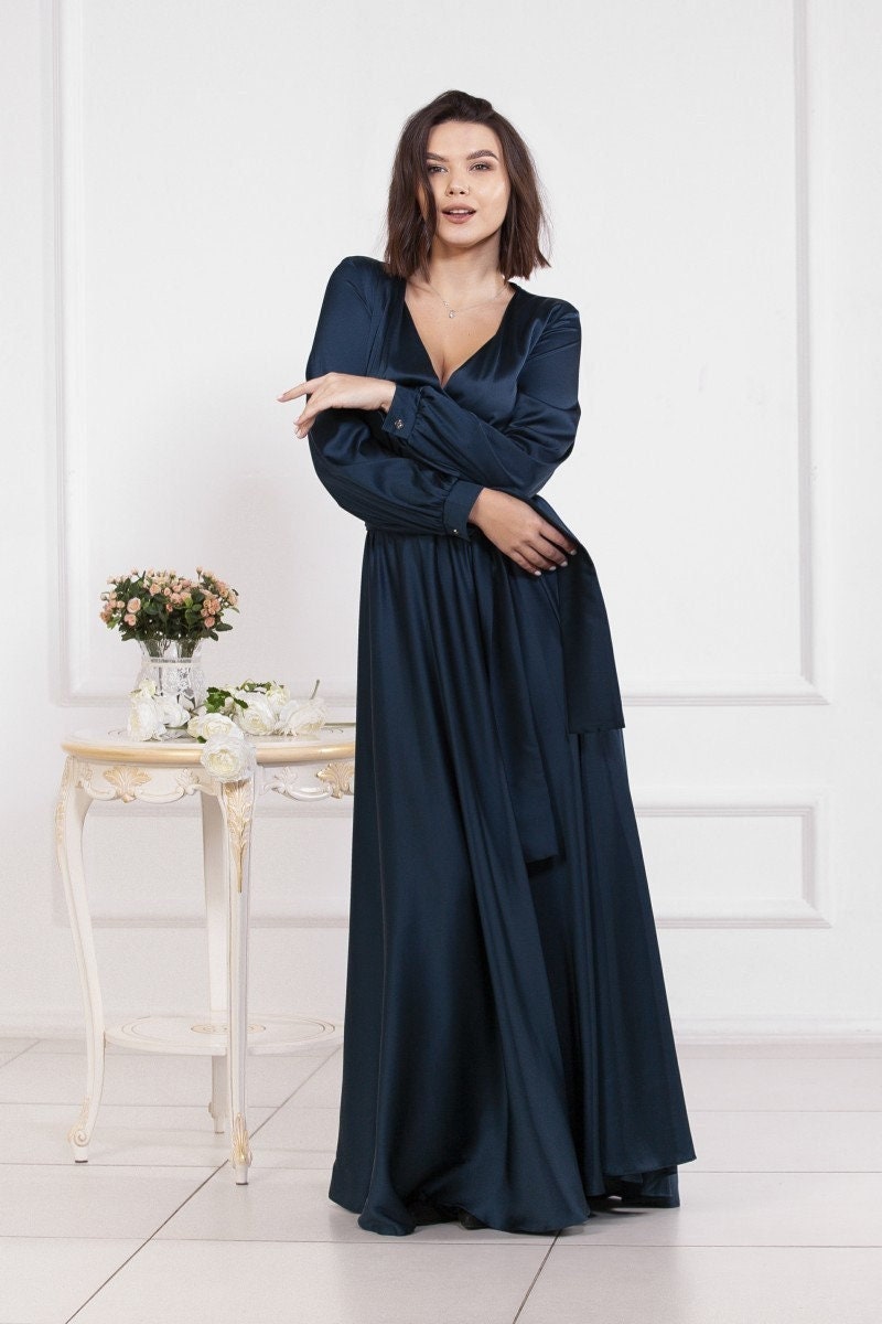 Plus Size Green Silk Maxi Dress: Long Sleeve Wrap Wedding Guest Gown