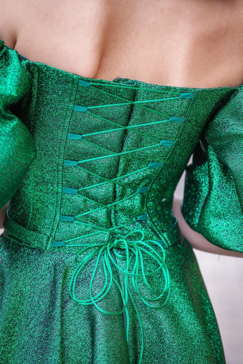 Emerald Green Maxi dress with Trendy Puff Sleeves / A-Line Maxi Dress: off shoulder dress for wedding guest or prom dress with short Sleeves