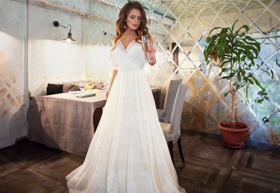 Sparkly White Chiffon Wedding Dress: A-Line Maxi Gown