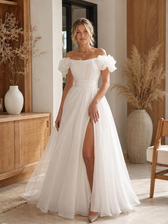 off the shoulder white dress with slit Wedding Dress 2026 Ivory Charmeuse Sheath Off-the-Shoulder Short