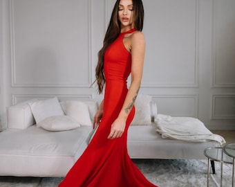 Red Backless Bodycon Maxi Dress: Elegant Prom Bridesmaid Gown