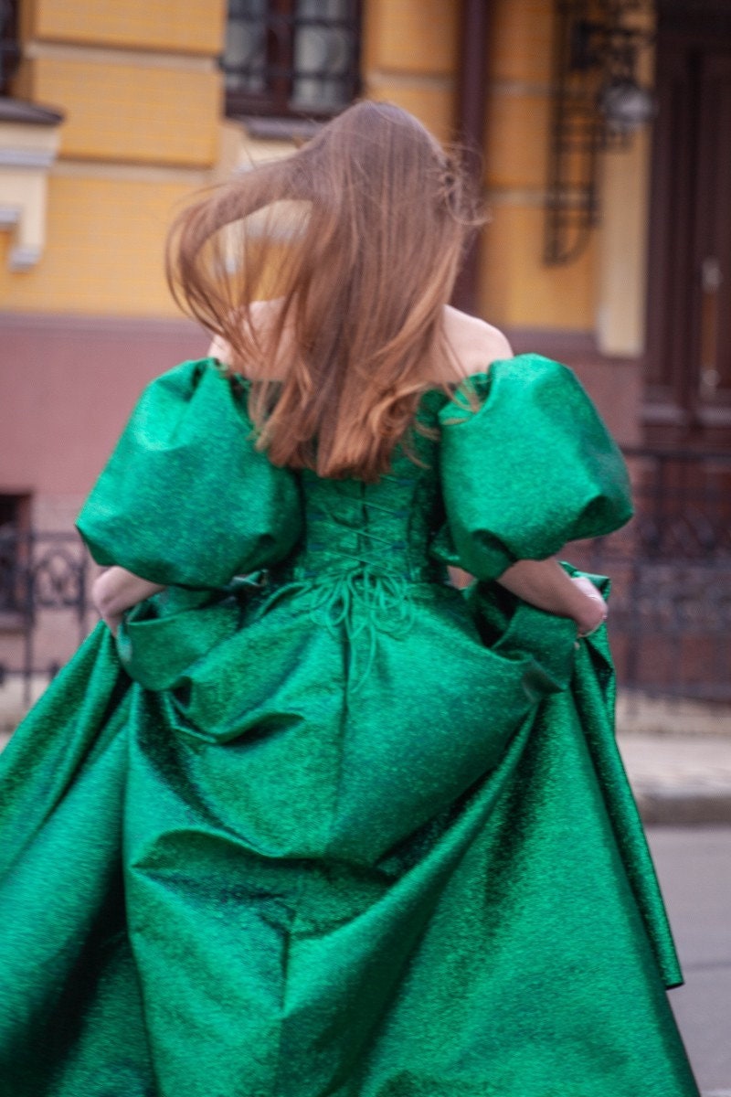 emerald green dress puff sleeve Emerald Green Satin Midi Dress, Detached Puff Sleeves, Cocktail Look