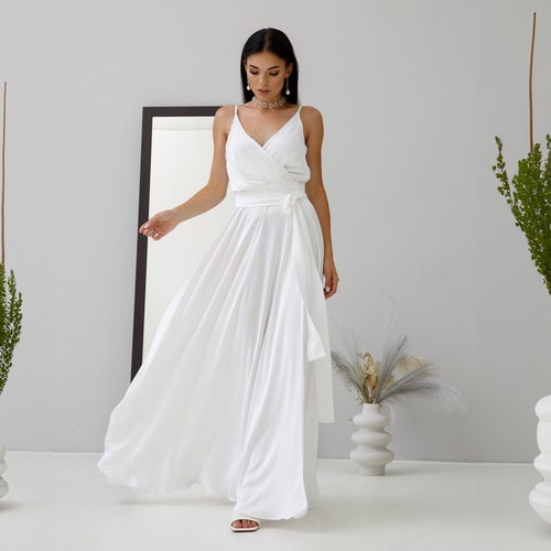 White Silk Maxi Dress: Spaghetti Strap V-Neck A-Line