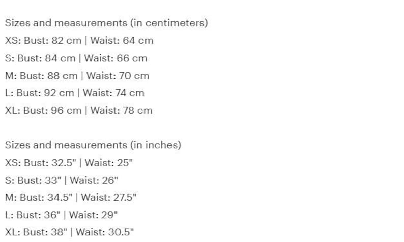 Puede incluir: Un fondo blanco muestra medidas de tallas en cent&iacute;metros y pulgadas. Se proporcionan medidas para las tallas de busto y cintura, que van de la XS a la XL. Las tallas de busto var&iacute;an de 82 cm a 96 cm, y las tallas de cintura de 64 cm a 78 cm.