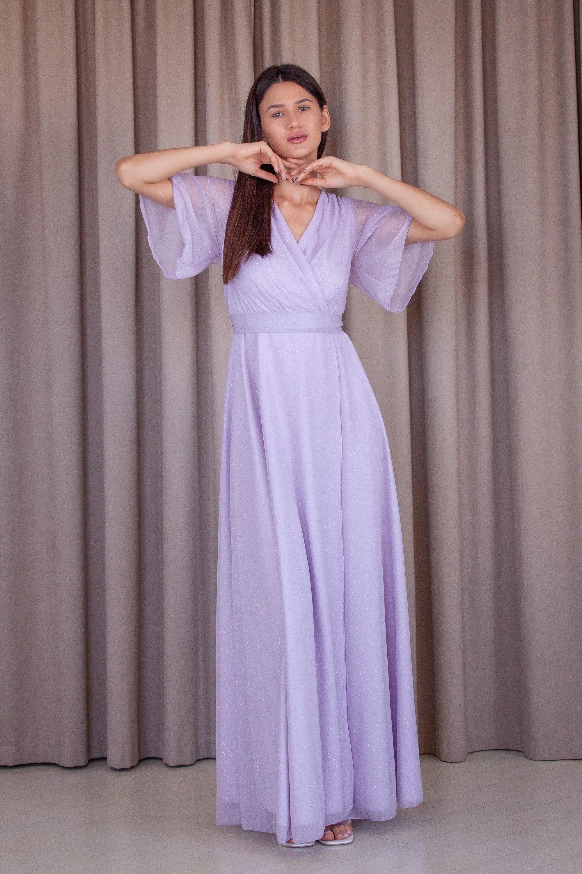 lavender chiffon maxi dress Chiffon A-Line Long Bridesmaid Dress with Flutter Sleeves in Lavender, Lavender / 14
