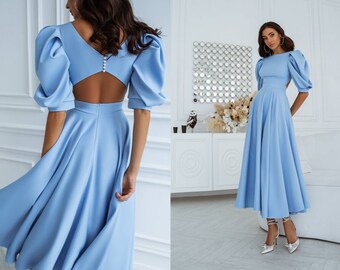 Light Blue Fit & Flare Midi Dress with Cut Out Back - Cocktail Party Dress for Birthday Celebrations, Perfect for Graduations, Wedding Guest