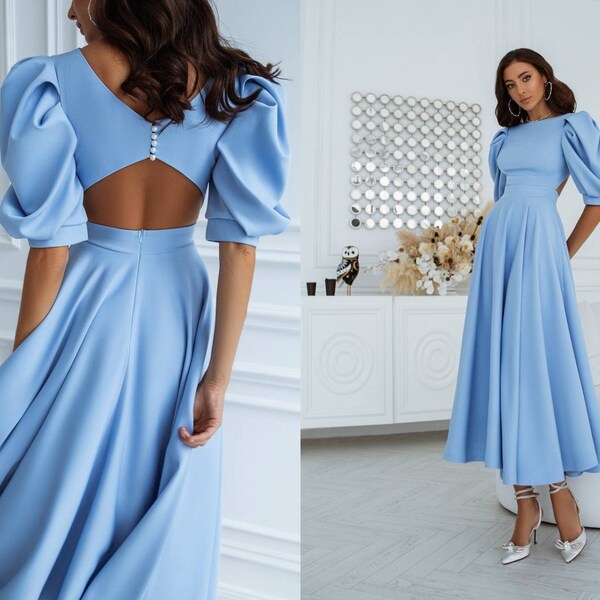 Light Blue Fit & Flare Midi Dress with Cut Out Back - Cocktail Party Dress for Birthday Celebrations, Perfect for Graduations, Wedding Guest