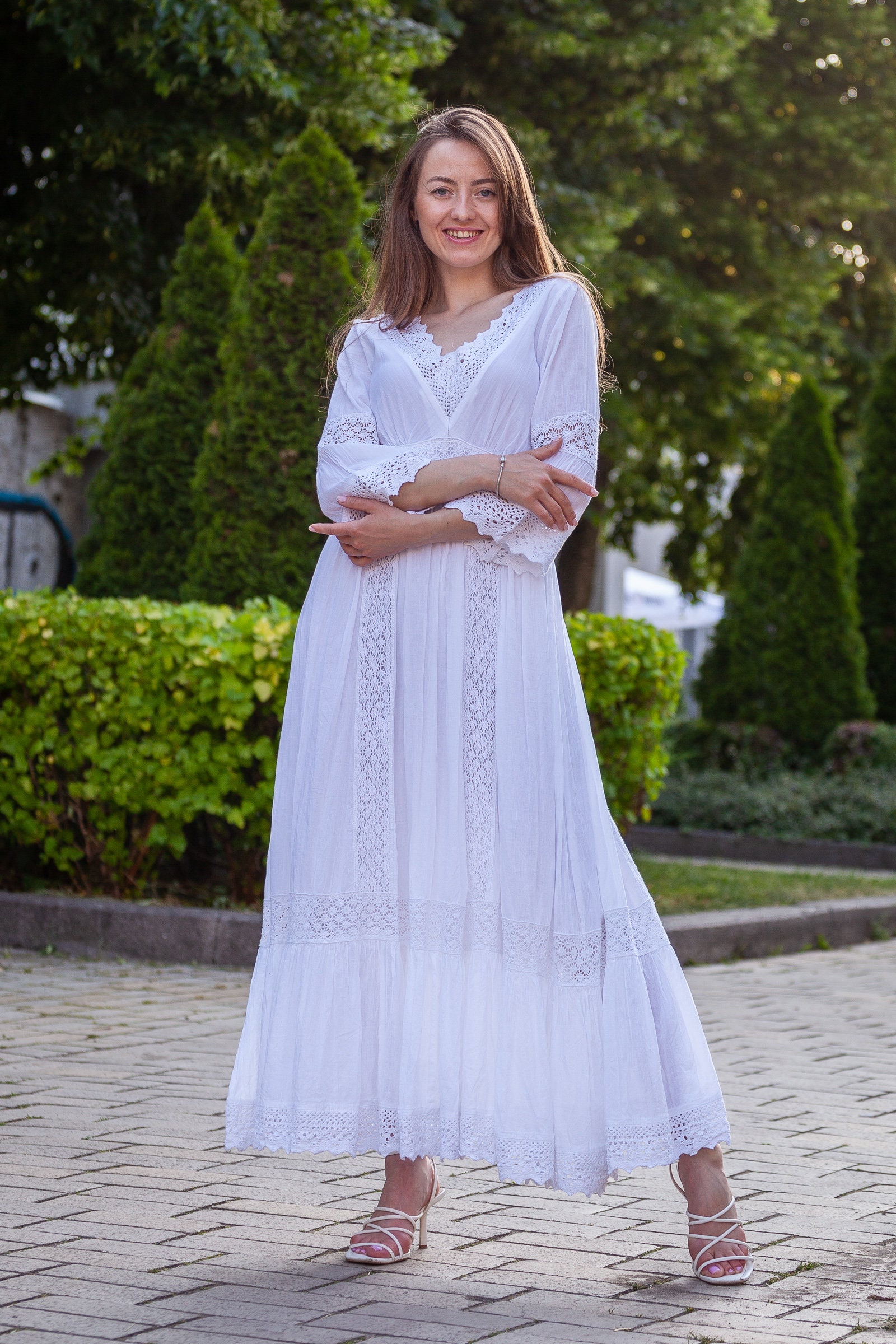 Charming Long Sleeve White Cotton Longsleeved Dress With Elegant Lace