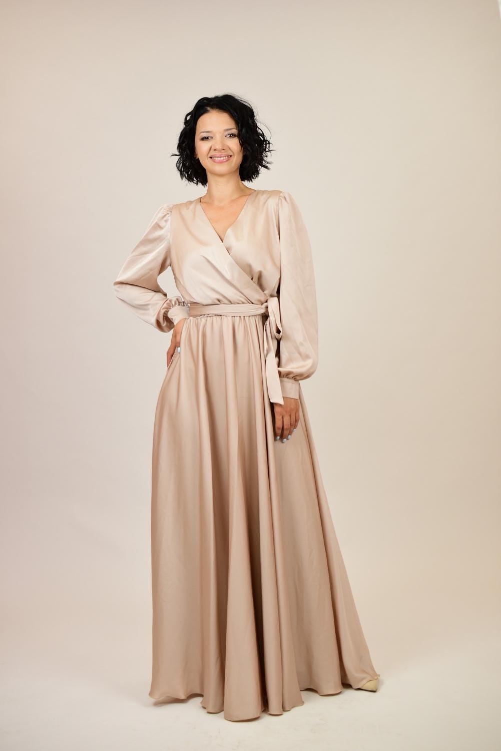 beige full sleeve dress Stella Beige Long Sleeve Mini Dress