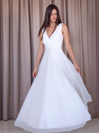 Abito Lungo Donna In Chiffon Con Pieghe Sfumate – Vestito Elegante Scollato Estivo Da Spiaggia