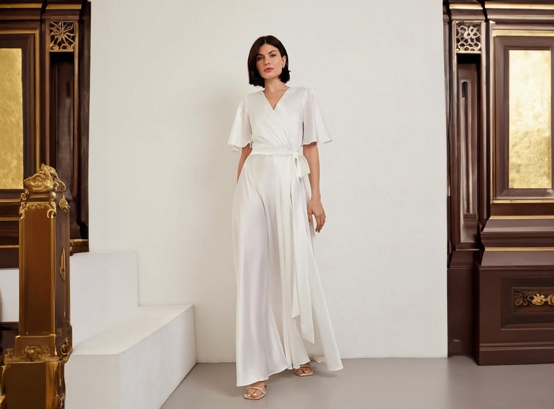 Butterfly Sleeve Pleated Wedding Gown White