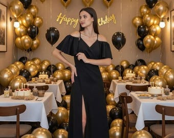 Plain Long Black Evening Cocktail Dress with Cold Shoulder for Party or Wedding Guest