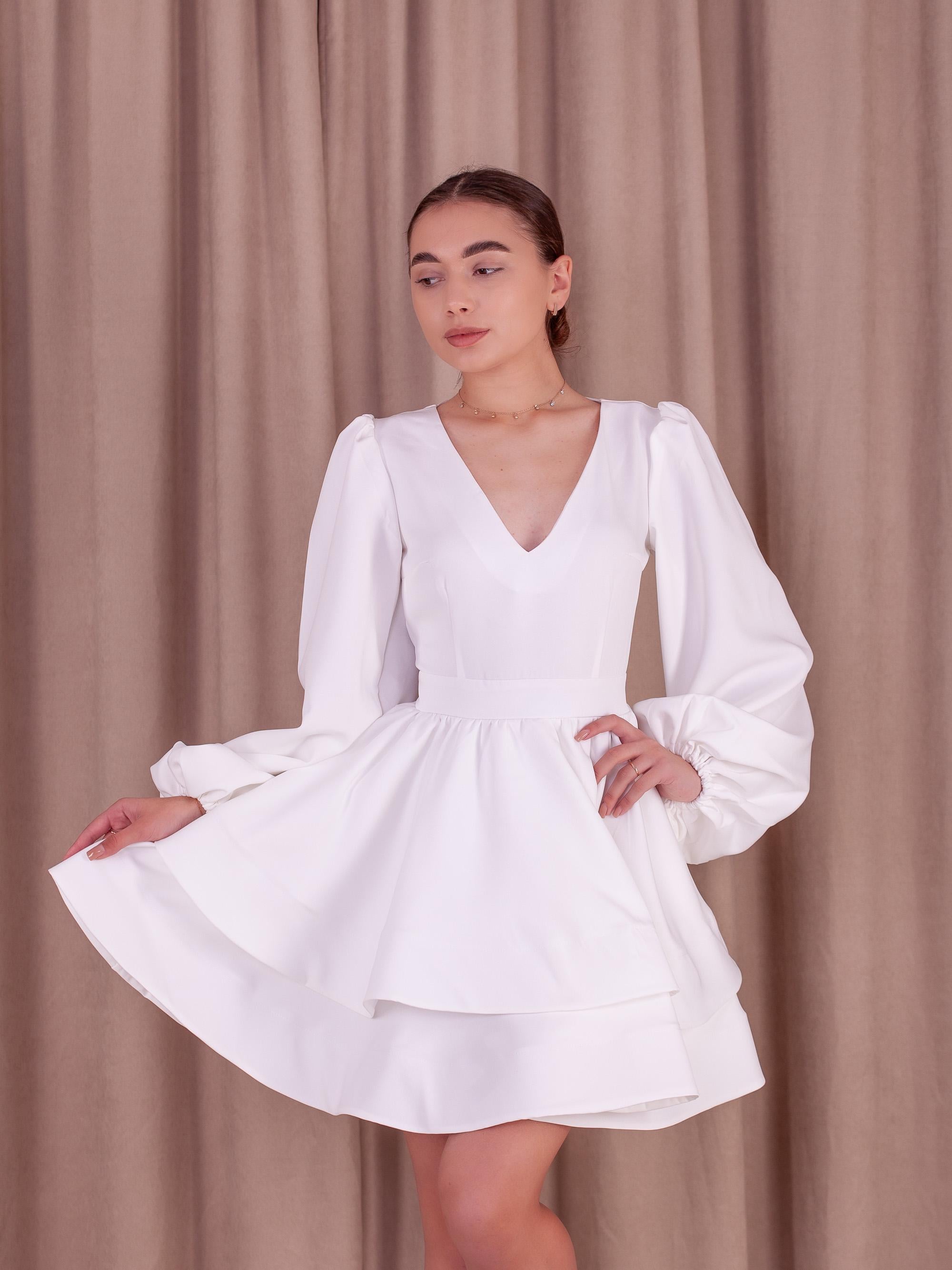 fun cocktail dresses with sleeves White A-Line Cocktail Dress, V-Neck Lantern Sleeves