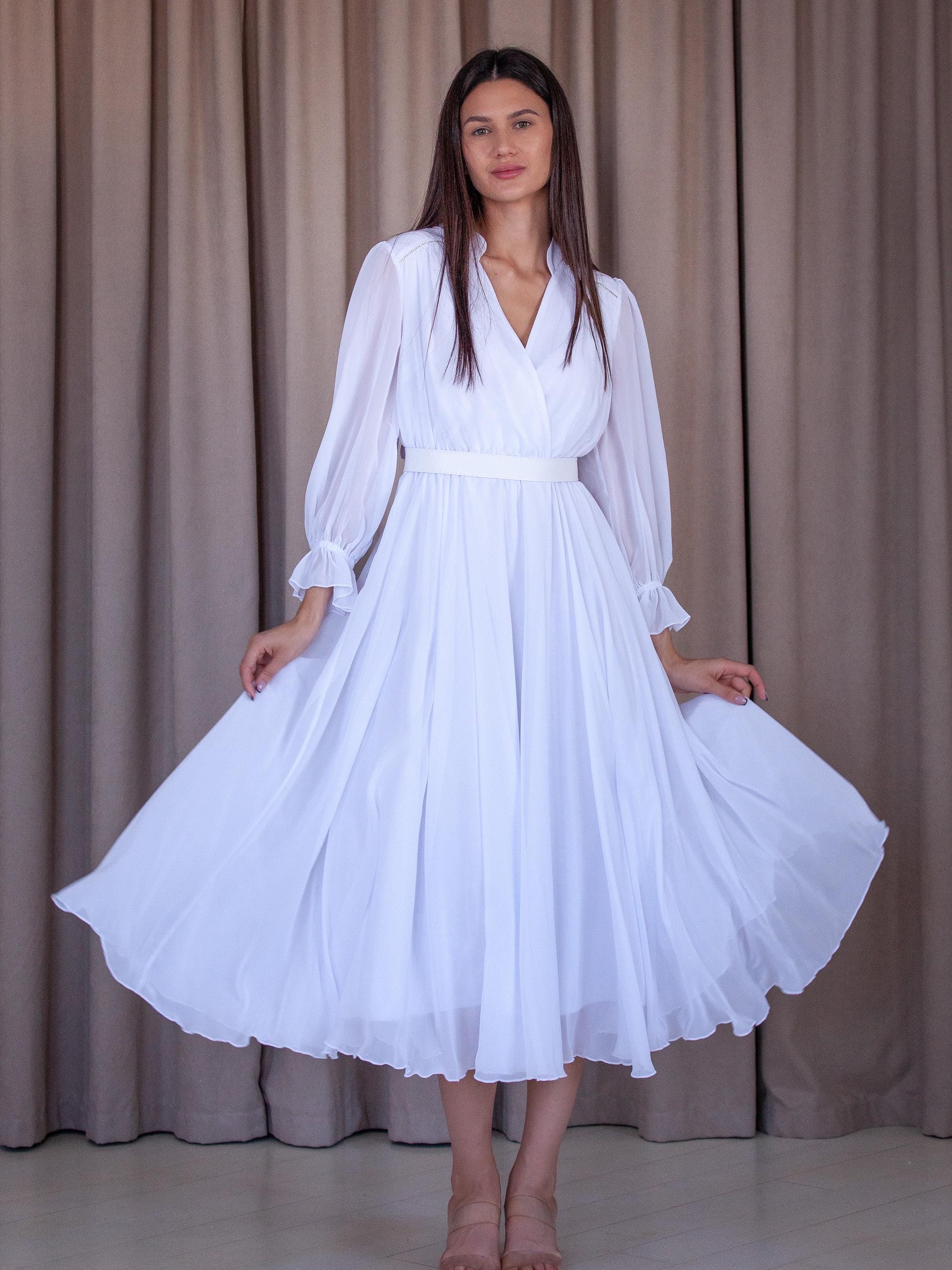 Plus Size White Chiffon Cocktail Dress: A-Line Long with Lantern Sleeves