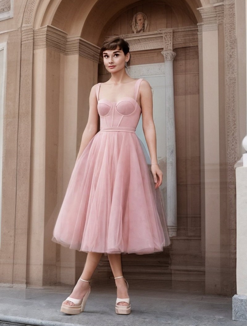Pink Midi Dress: Fit & Flare Sweetheart Corset - Party