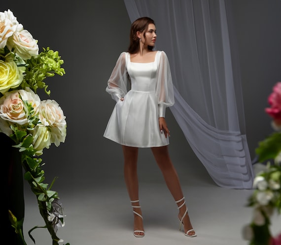 knee length dresses for ladies Dyer Sheer Sleeve Mini Dress White Low Impact main image 1