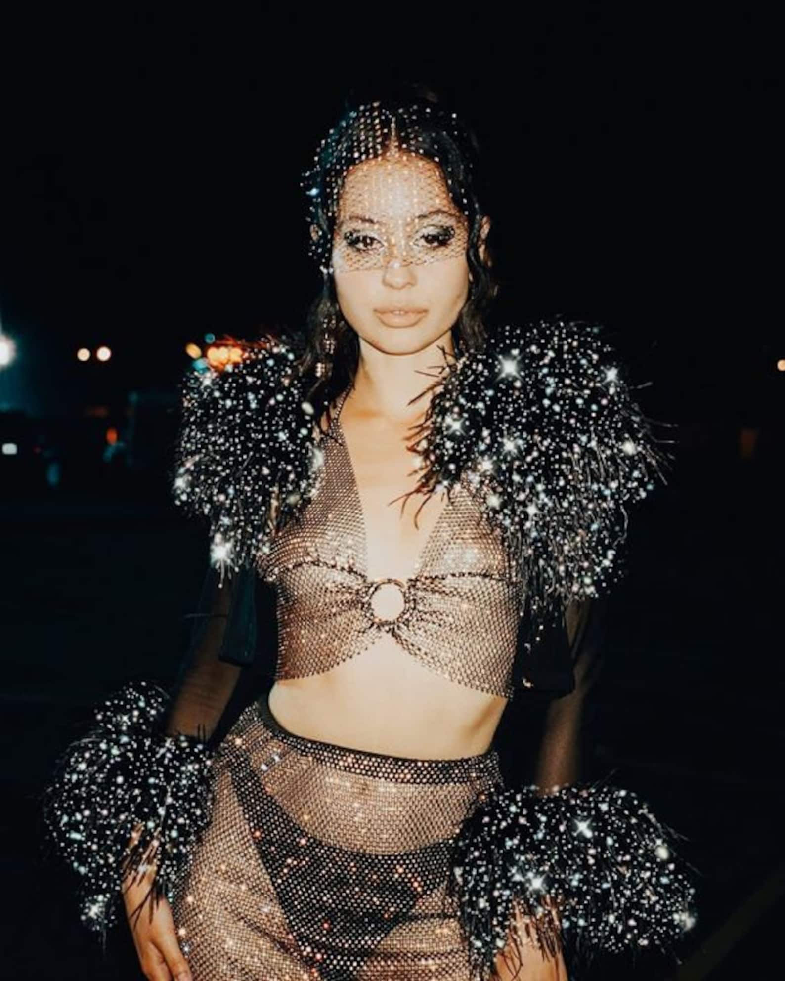 Euphoria Maddy Perez Prom Outfit Crystal Mesh Halter Bralette Crop Tank