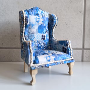 Ltd Edition Blue Liberty Miniature Patchwork Dollhouse 1/12 Scale Queen Anne Style Wing Backed Armchair - Liberty of London