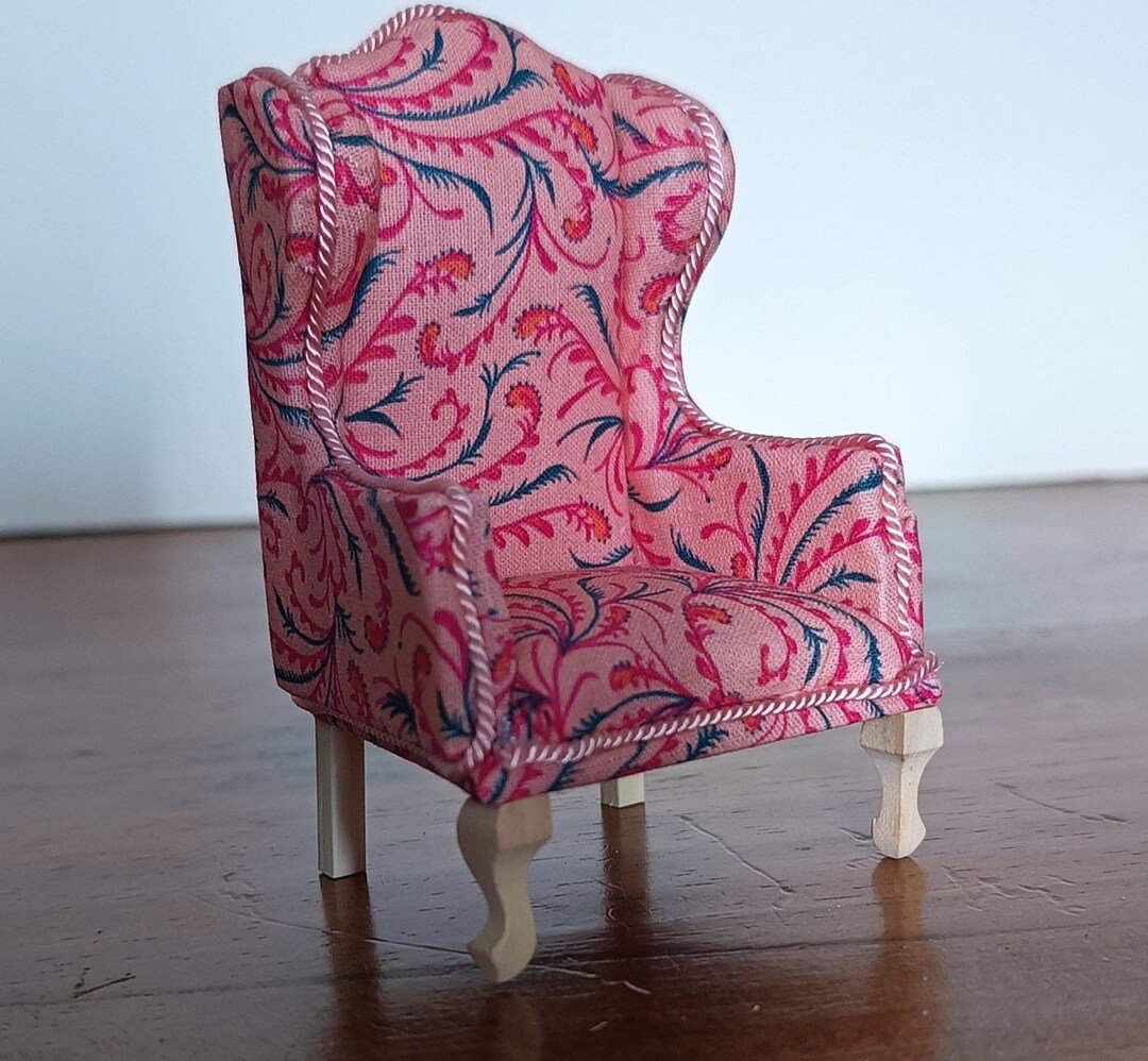 Pink & Teal 1/12 Scale Queen Anne Style Wing Backed Armchair 1/12 Scale
