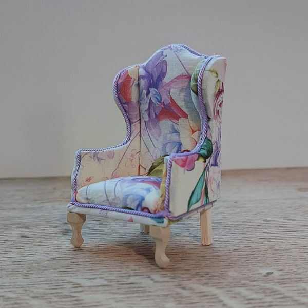 Watercolour Floral  1/12 Scale Queen Anne Style Wing Backed Armchair - 1/12 Scale Dolls House Armchair - Flower Chair - Dollhouse Furniture
