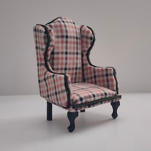 Dollhouse 1/12 Scale Queen Anne Style Wing Backed Armchair - 1/12 Scale Dolls House Arm Chair - Plaid Pattern - Dollhouse Furniture