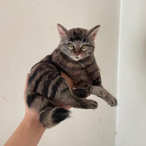 Könnte beinhalten: Handgefertigte Tabby-Katzenfigur mit detaillierten Fellmustern in Braun- und Grautönen. Die Katze hat grüne Augen und sitzt. Die Figur ist so gestaltet, dass sie einer echten Katze ähnelt.