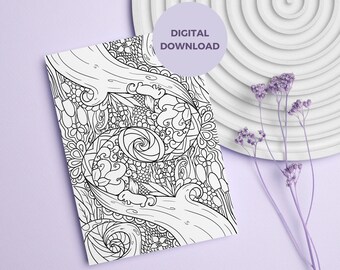 May include: A black and white printable colouring page featuring a detailed, intricate design of swirling patterns, flowers, and leaves.