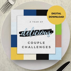 12 maanden koppeluitdagingen, afdrukbare uitdagingskaarten voor koppels, cadeau-idee voor voedselthema voor partner, fijnproeverscadeau voor jubileum