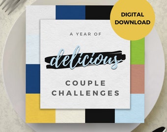 A year of date Ideas, Printable challenge cards for couples, Food theme gift idea for partner, Foodie gift for anniversary, Challenge cards