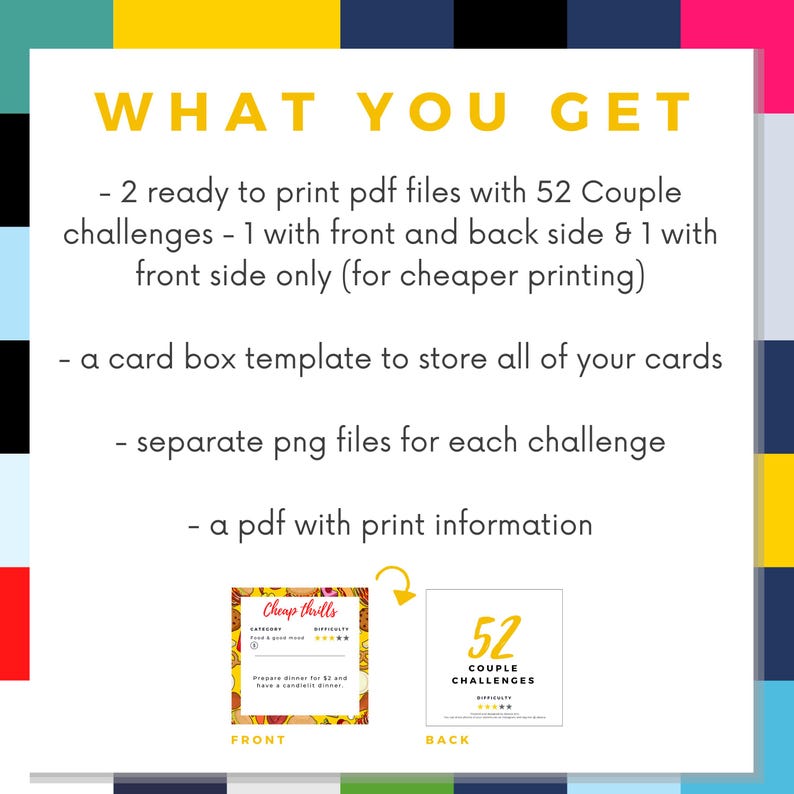 Op de afbeelding: Een digitale download voor 52 koppeluitdagingen. De afbeelding toont een printbare kaart met de tekst "Cheap thrills" en een tweede kaart met de tekst "52 Couple Challenges". De tekst "What You Get" is ook zichtbaar en geeft de inhoud van de download weer.