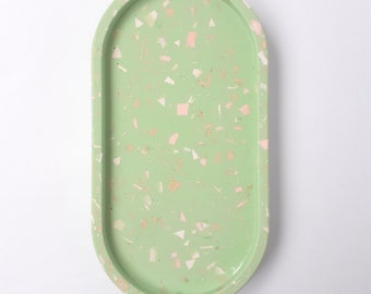 Handmade Jesmonite Oval Tray in Pale Green, Pink, Beige and White Terrazzo - Trinket dish tray desk hallway bedside - Eco Friendly