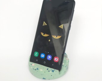 Soporte de terrazo para teléfono/iPad hecho a mano, Jesmonite azul pato