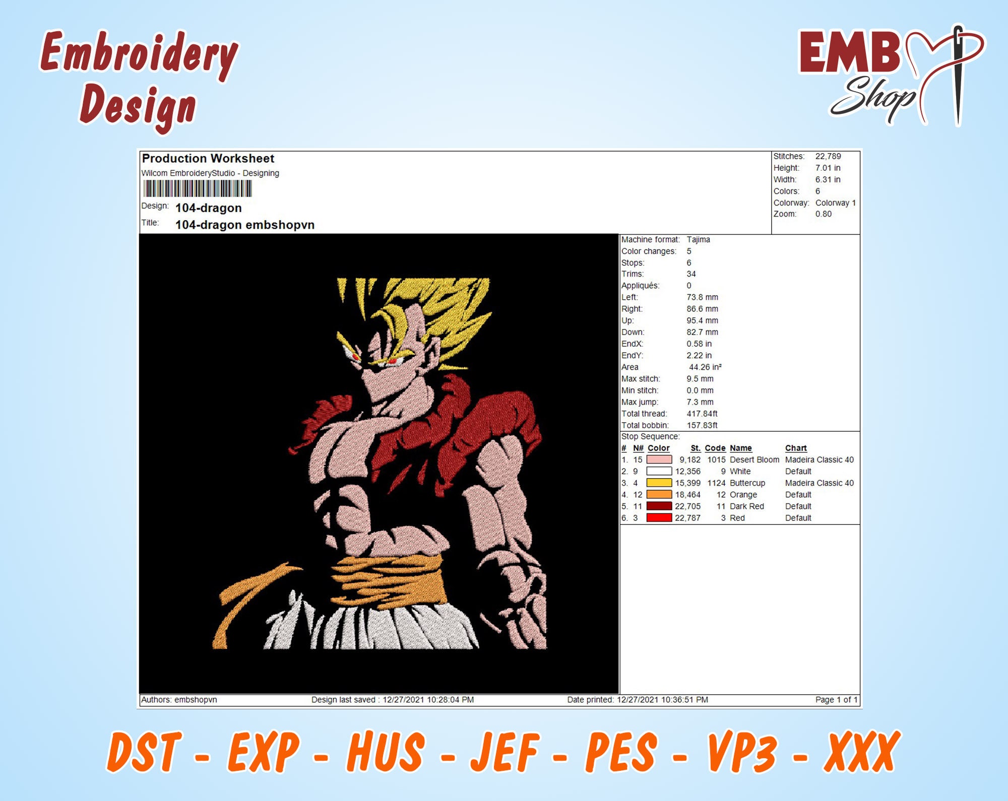 Embroidery designs file dragon hero anime Emb dst jef pes exp design 108
