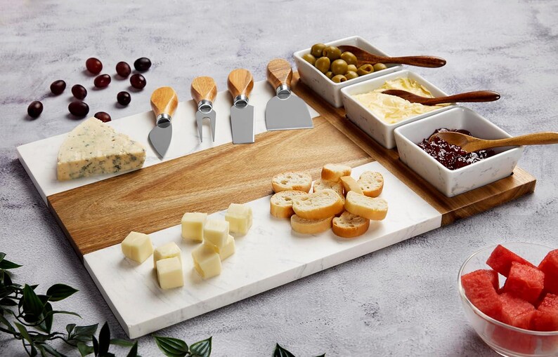 Personalized Marble Charcuterie Board Set | Engraved Acacia Wood ...