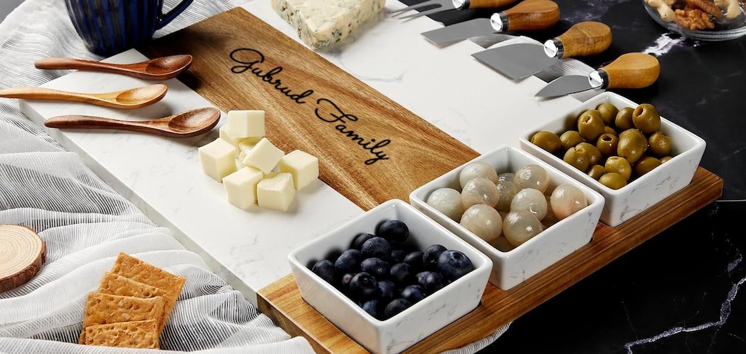 Personalized Marble Charcuterie Board Set | Engraved Acacia Wood ...