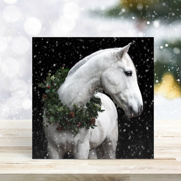 Horse Christmas Card | Festive Pony | Equine Xmas Card | Snowy Christmas Card | Grey White Horse | Snow Ponies | Horses Equines | Garland