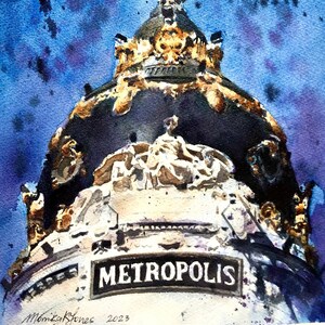 May include: A watercolor painting of a building with a winged figure on top. The building has a sign that reads "METROPOLIS". The sky is a vibrant blue with purple and black splotches.