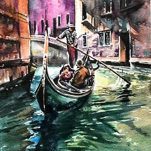 Gondola Ride - Original watercolour painting of Venice, Venetian canal with gondola gondolier wall art, room art, original art 12 x 9 inches